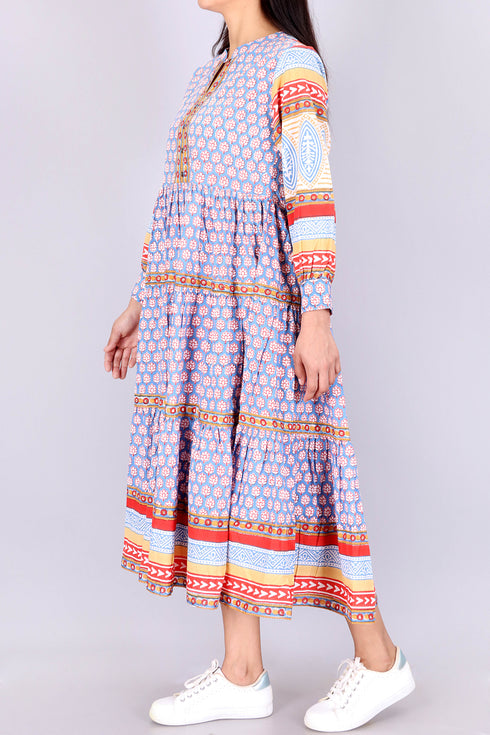 Cambric Cotton Tiered Dress In Assorted Block Print